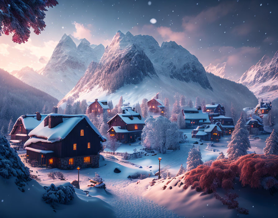 Snow-covered winter village at twilight with warm lights and snowy mountains.