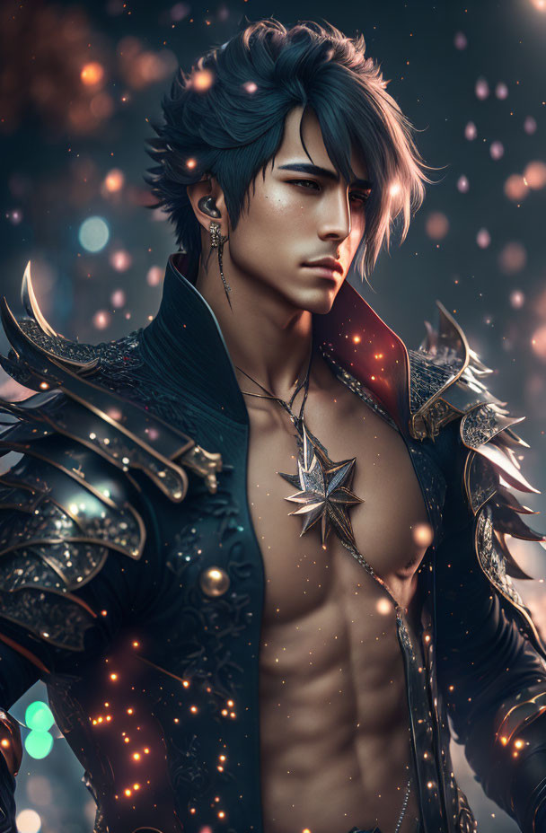 Fantasy male character digital art portrait with blue hair, ear piercings, star pendant, and