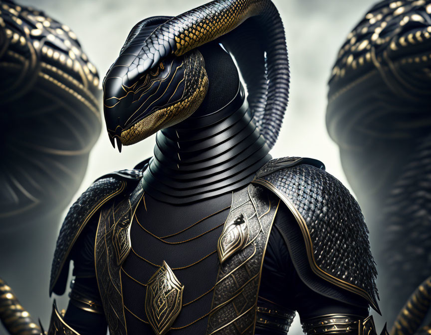 Snake-Headed Humanoid in Black and Gold Armor with Textured Background