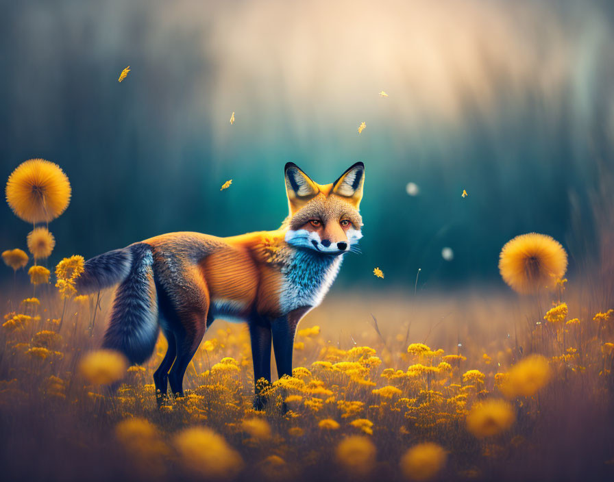 Majestic fox in field of yellow flowers with butterflies