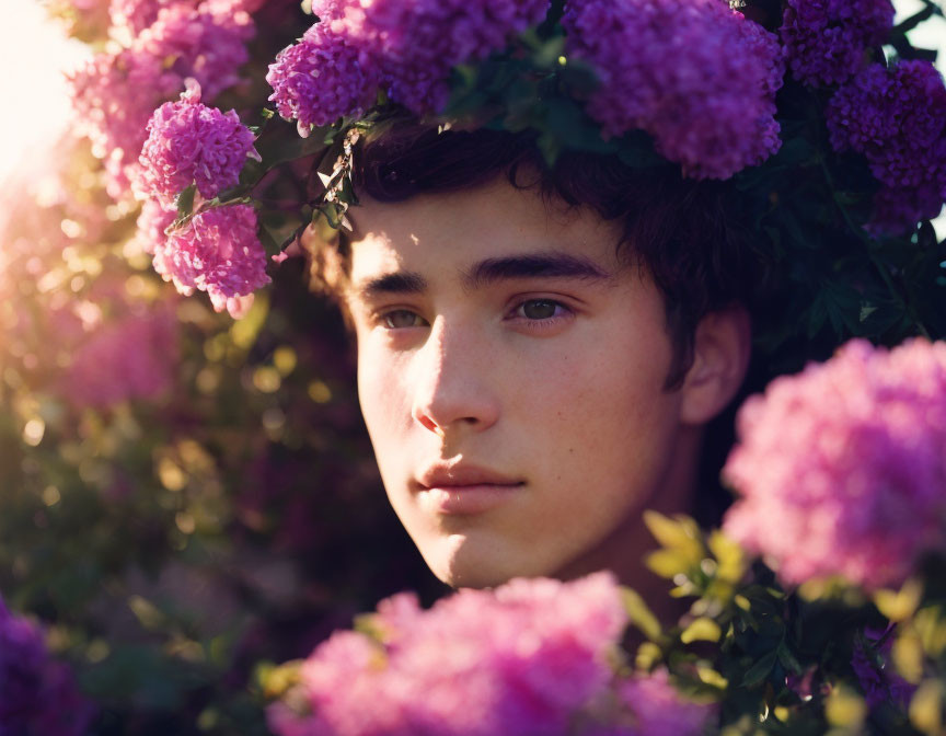 Serene young person among vibrant purple flowers in soft sunlight