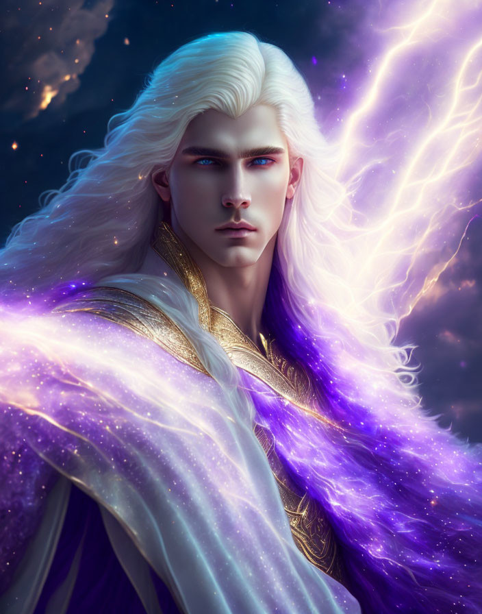 Male fantasy portrait: long white hair, blue eyes, gold-accented robe, mystical purple energy