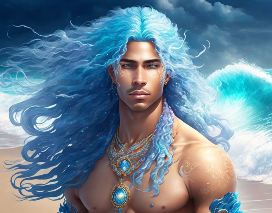 Muscular mythical man with blue hair and ocean jewelry against dramatic ocean backdrop