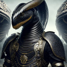 Snake-Headed Humanoid in Black and Gold Armor with Textured Background