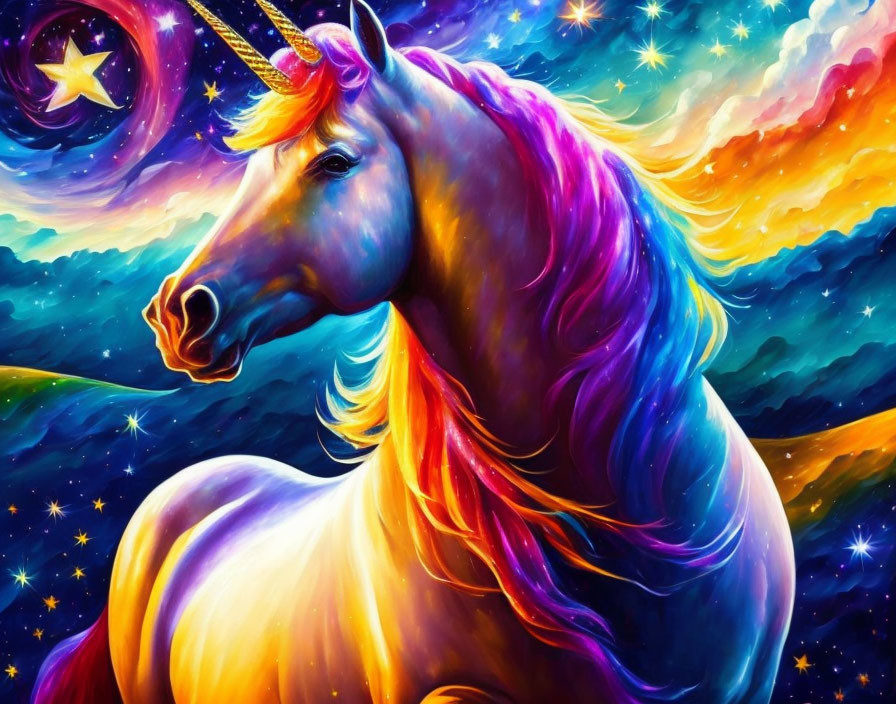 Colorful Unicorn Illustration on Cosmic Background