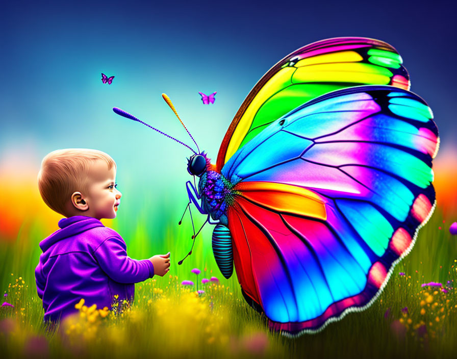 Toddler in purple hoodie gazes at giant multicolored butterfly in vibrant flower field