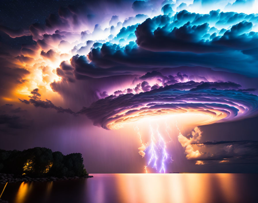 Majestic supercell thunderstorm over lake: night lightning strikes, dramatic cloud structure