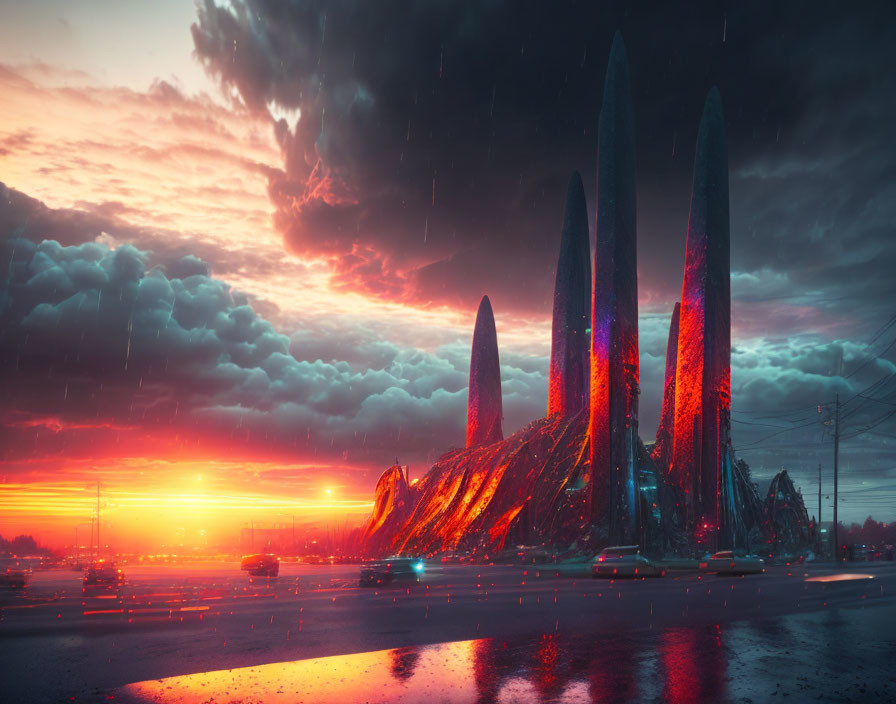 Futuristic cityscape at dusk with towering illuminated structures under stormy sky.