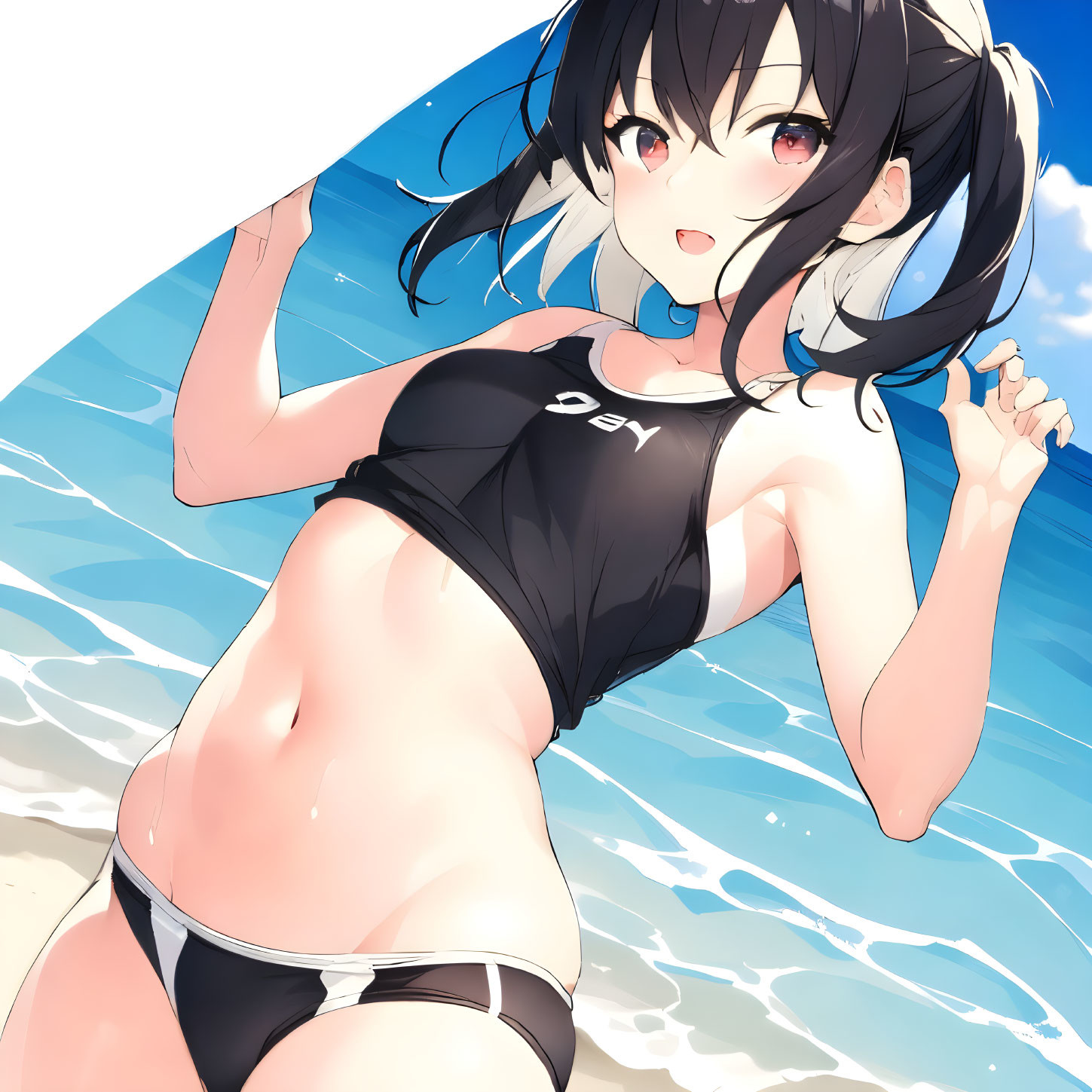 Black-Haired Anime Girl in Bikini Smiling at Beach