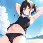 Brown-haired animated character in black swimsuit at sunny beach