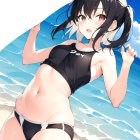 Black-Haired Anime Girl in Bikini Smiling at Beach