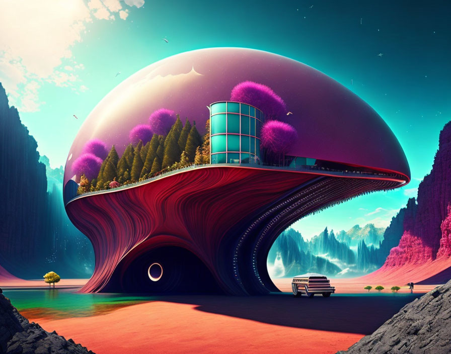 Futuristic mushroom-shaped building in surreal landscape