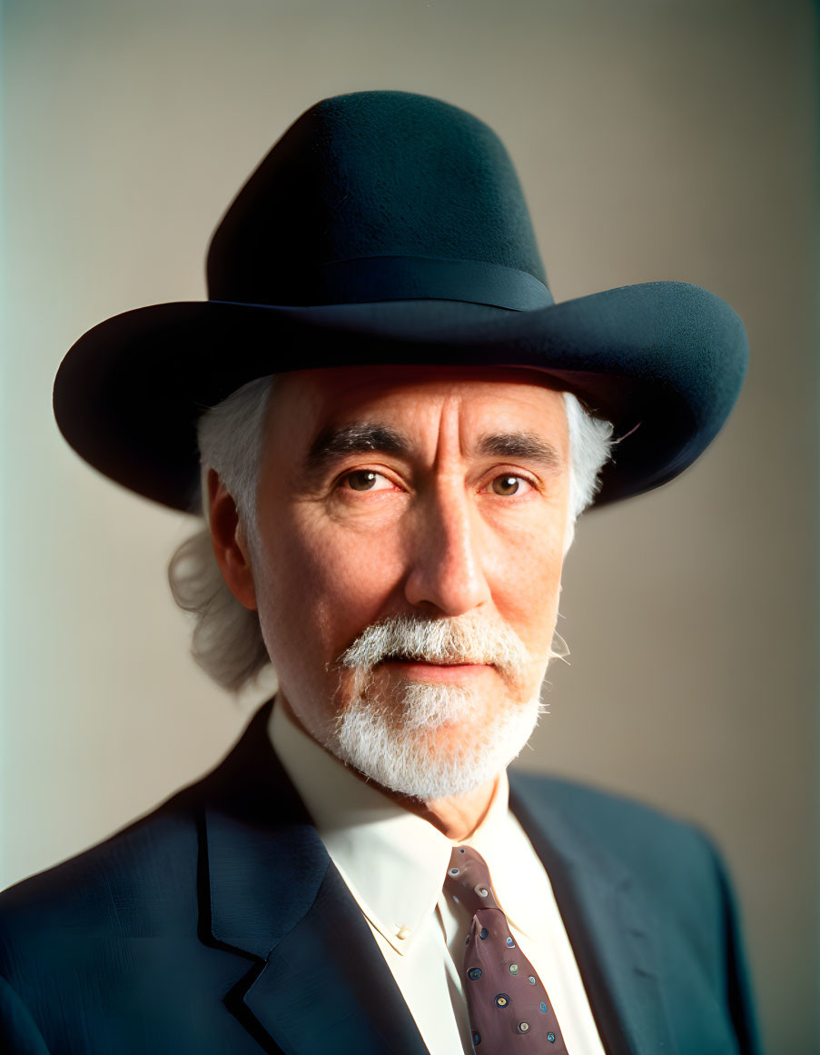 Elderly man with white beard in formal attire and hat