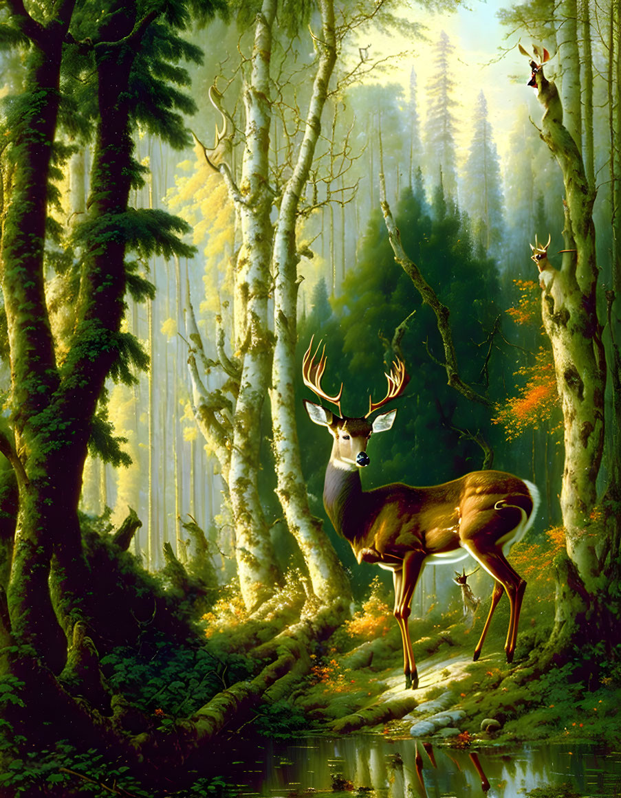 Majestic deer by serene forest stream with tall trees and sunlight.