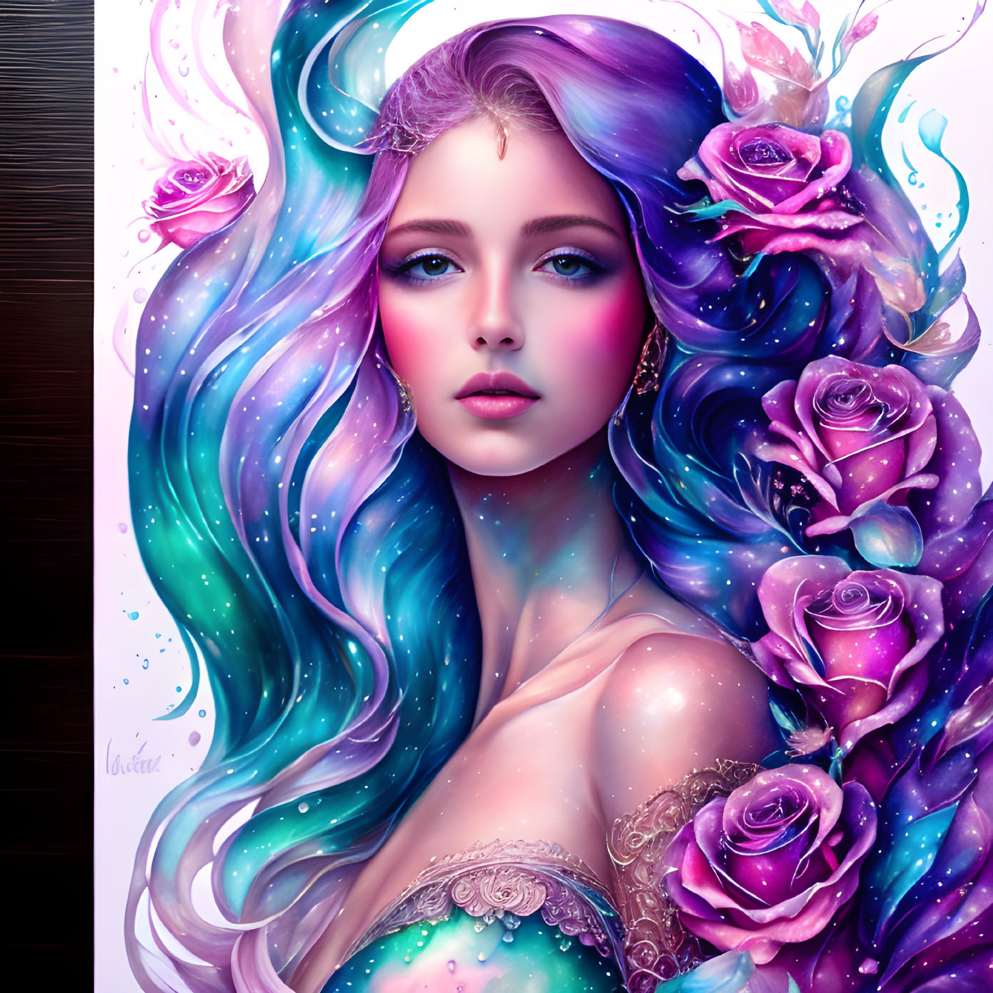 Woman with Blue-Purple Hair and Rose Adornments in Mystical Illustration