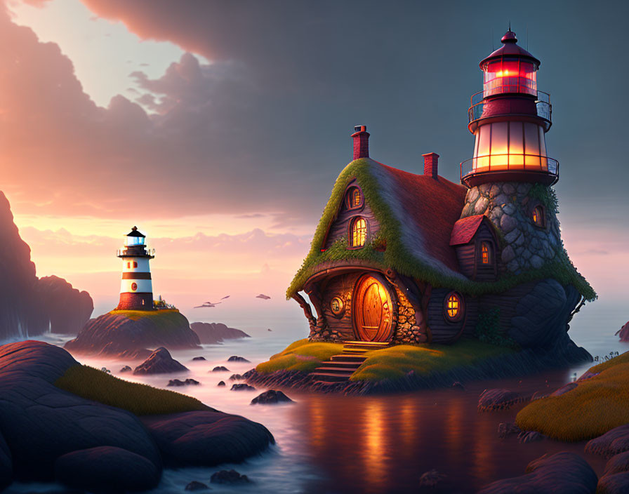 Scenic lighthouse with integrated cottage on grassy mound at sunset