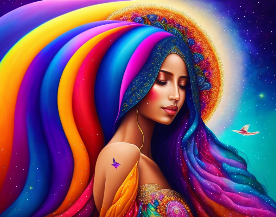 Colorful woman with flowing hair in starry background with butterflies