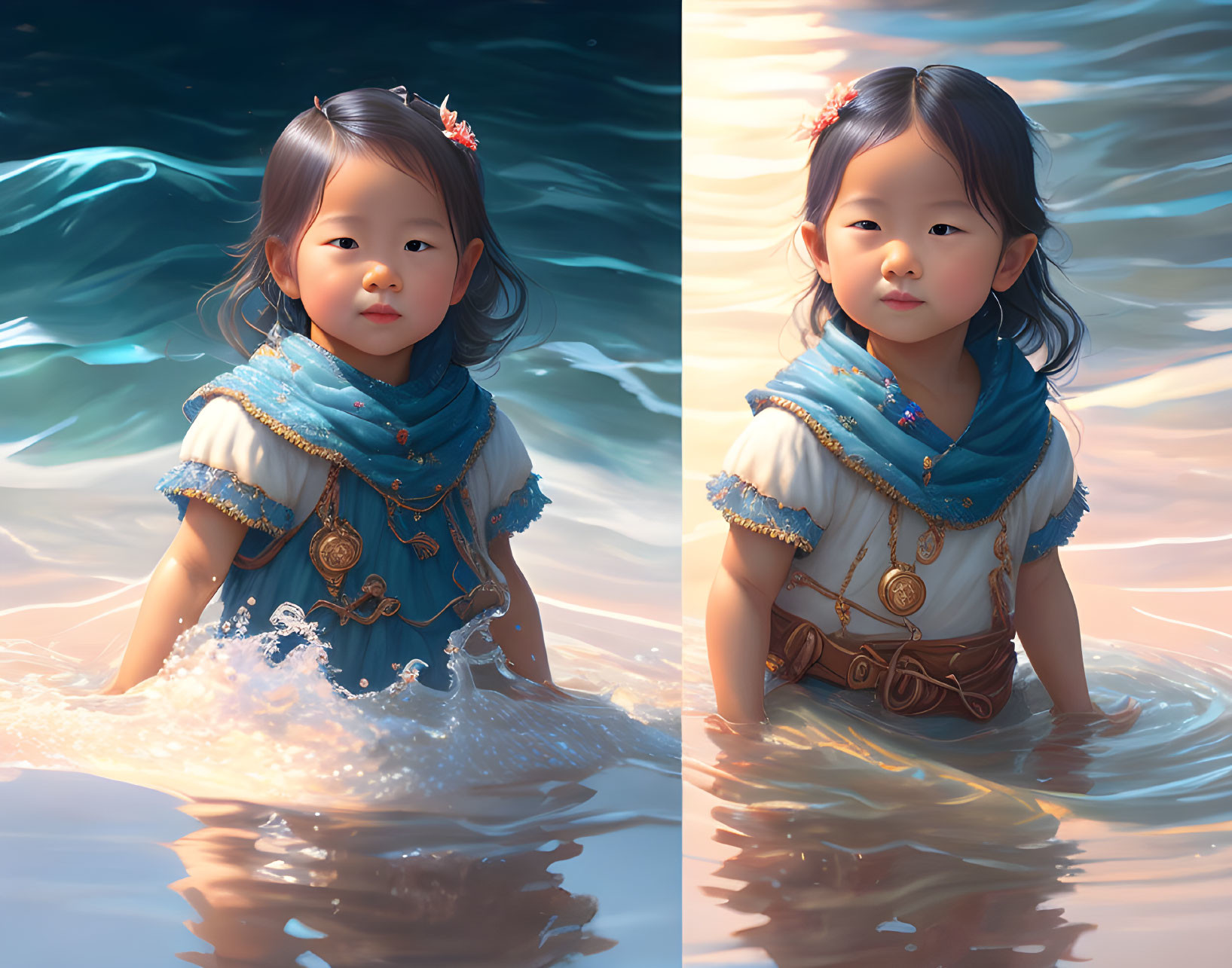 Young girl in fantasy costume with blue and gold details standing in water with light reflections