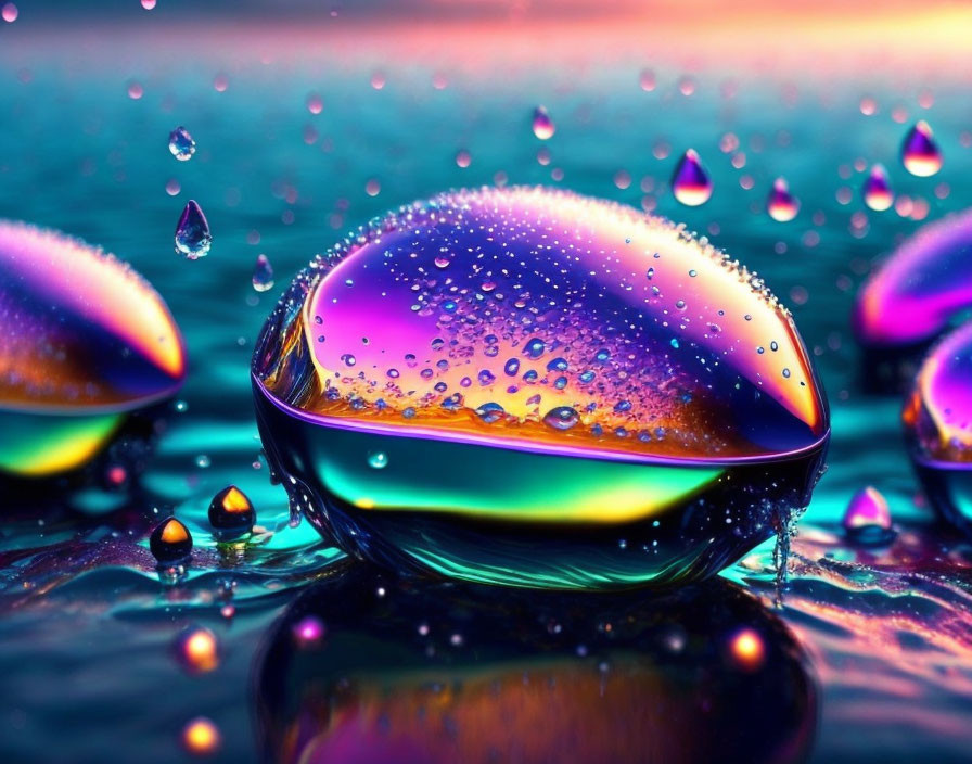 Colorful iridescent water droplets on smooth surface with blurry background