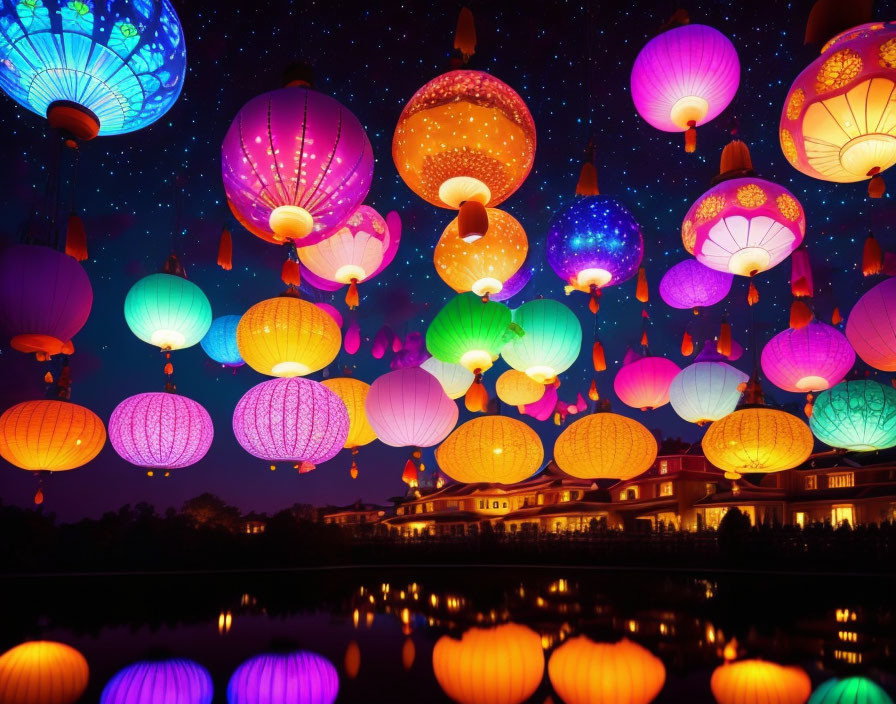 Vibrant lanterns illuminate night sky over building and water.