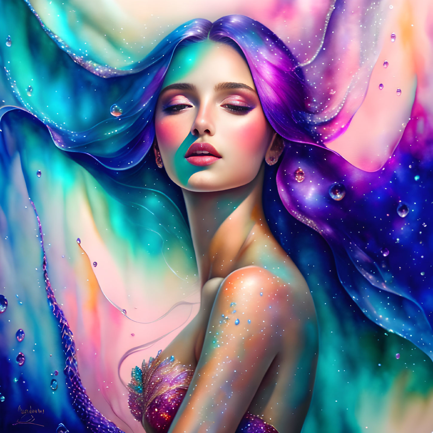 Colorful Illustration: Woman with Multicolored Hair and Sparkling Skin