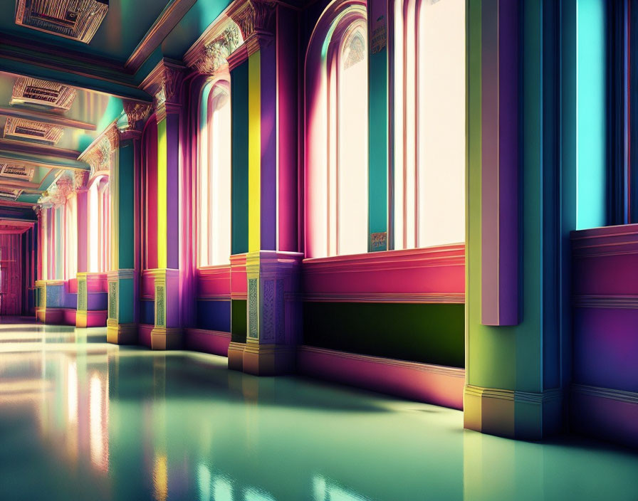 Colorful classical architecture corridor illuminated by rainbow lights