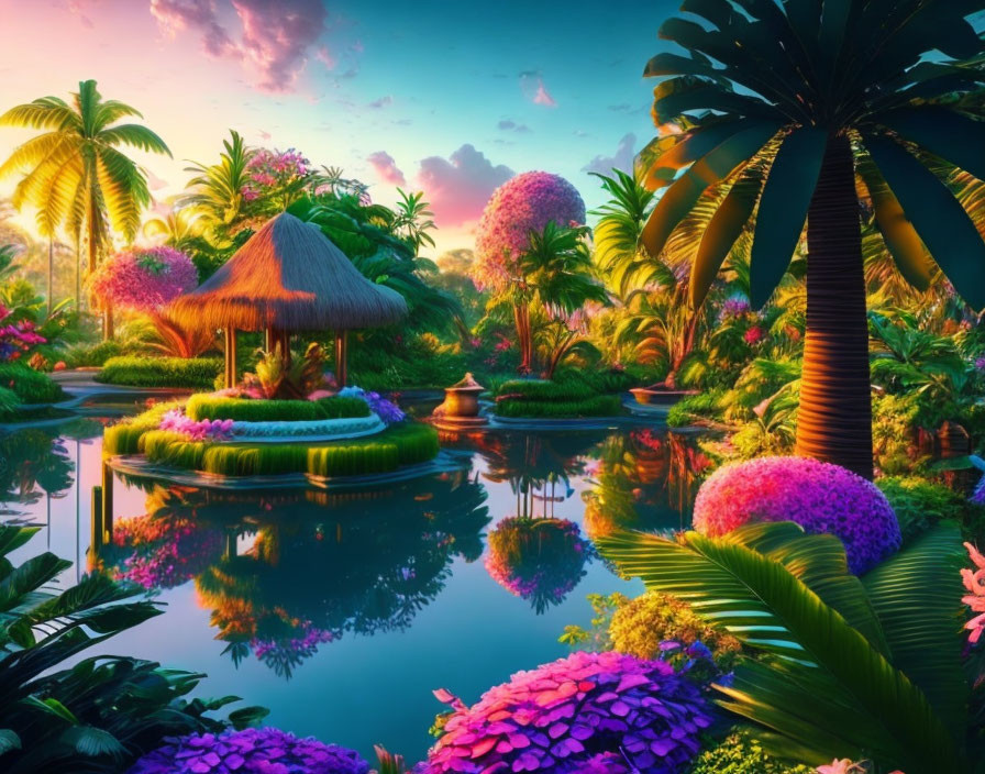 Vibrant tropical paradise at dusk with thatched huts, lush palm trees, and flowering plants