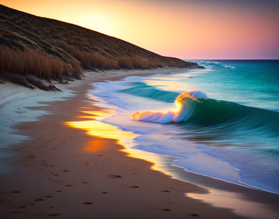 Tranquil beach sunset with wave, footprints, and colorful sky