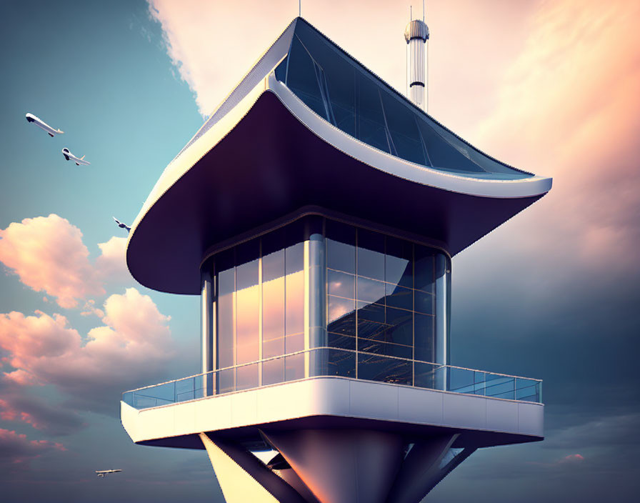 Modern airport control tower with large glass windows at sunset with flying planes.