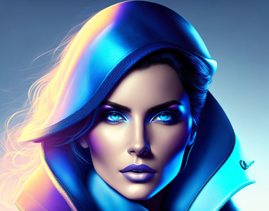 Illustrated portrait of woman with blue eyes in colorful hood