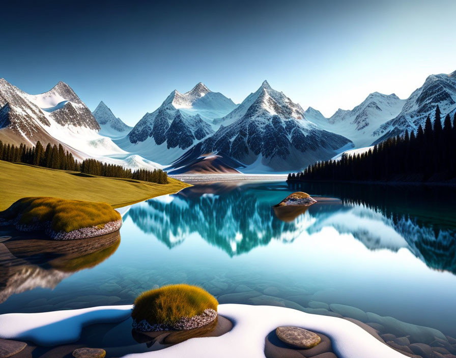 Snow-capped peaks reflected in blue lake amidst serene mountain landscape