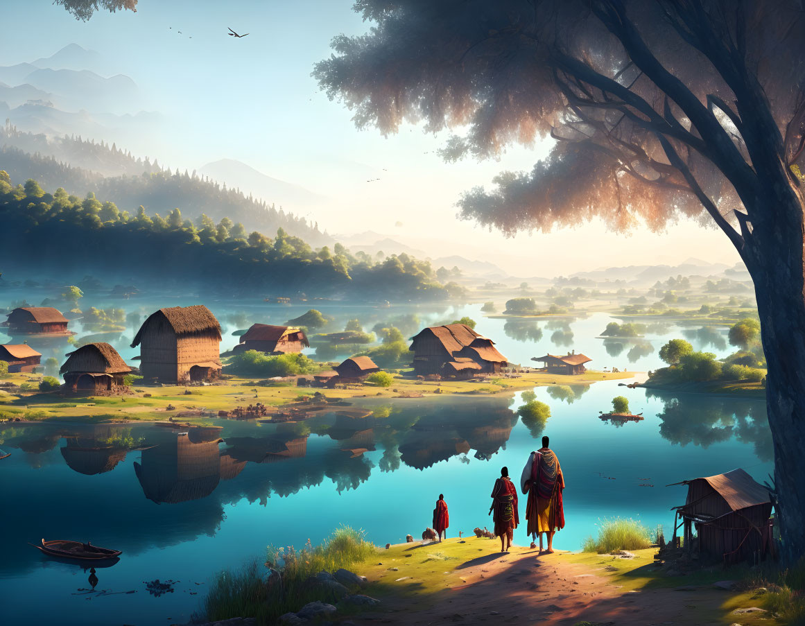 Tranquil landscape with people, elephant, huts, lake, trees, and sky