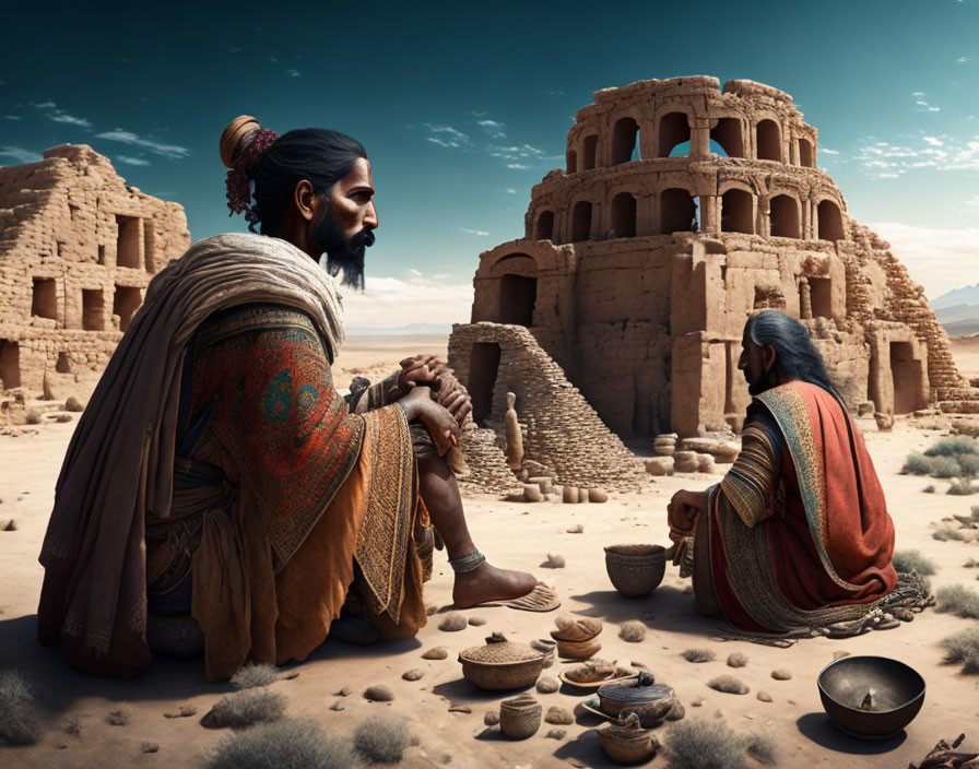 Ancient men near pottery with round historic building in desert