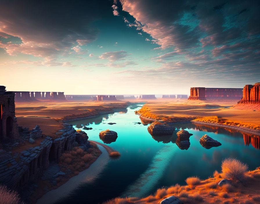 River winding through desert landscape with mesas under patchy sky at sunset or sunrise