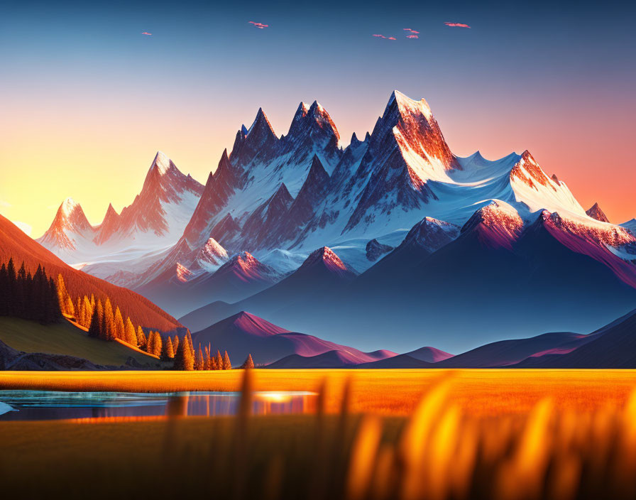 Snow-capped mountain peaks at sunset with lake, field, and vibrant sky