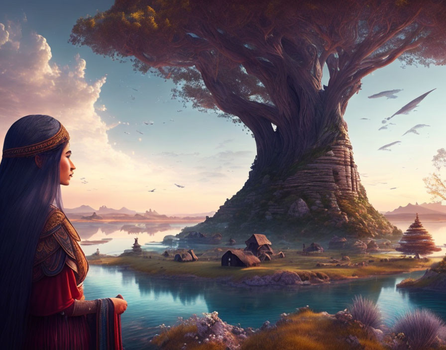 Woman in ornate attire admires serene landscape with majestic tree on hill and pastel sky