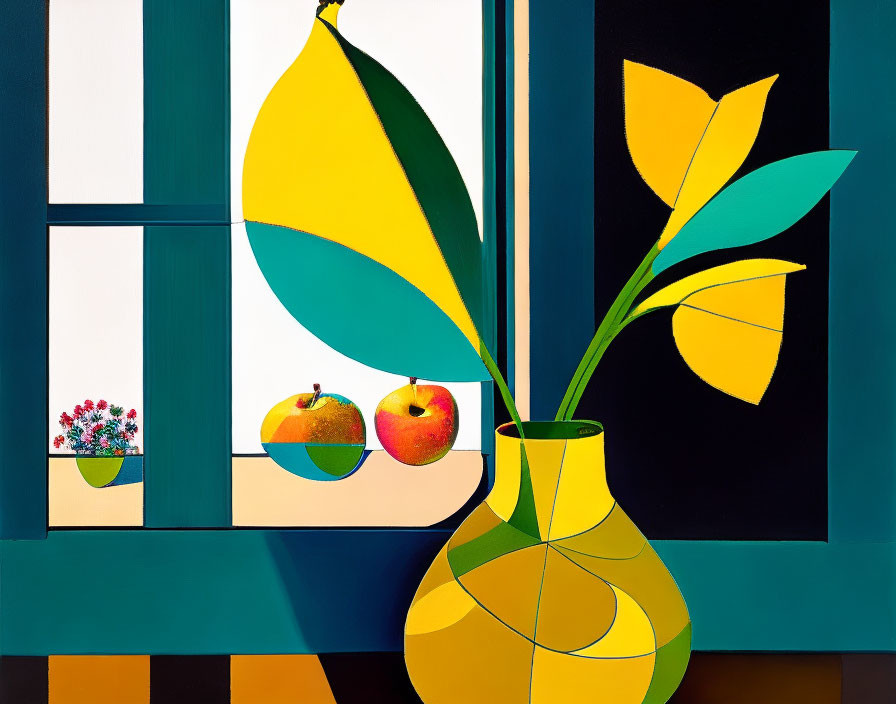 Vibrant still-life painting with yellow vase, apples, and window scene