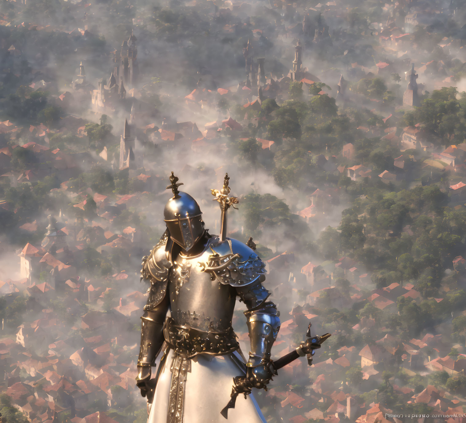 Medieval knight in shining armor gazes over foggy town