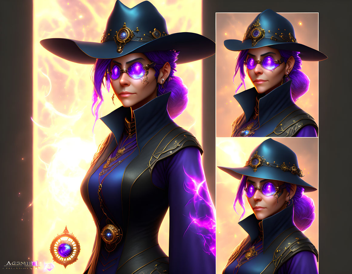 Character with purple hair and glowing eyes in black and gold attire with ornate hat.