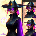 Character with purple hair and glowing eyes in black and gold attire with ornate hat.