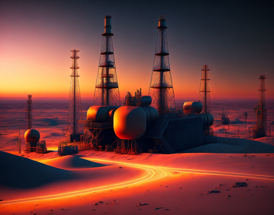 Desert industrial complex with glowing orange lights at twilight