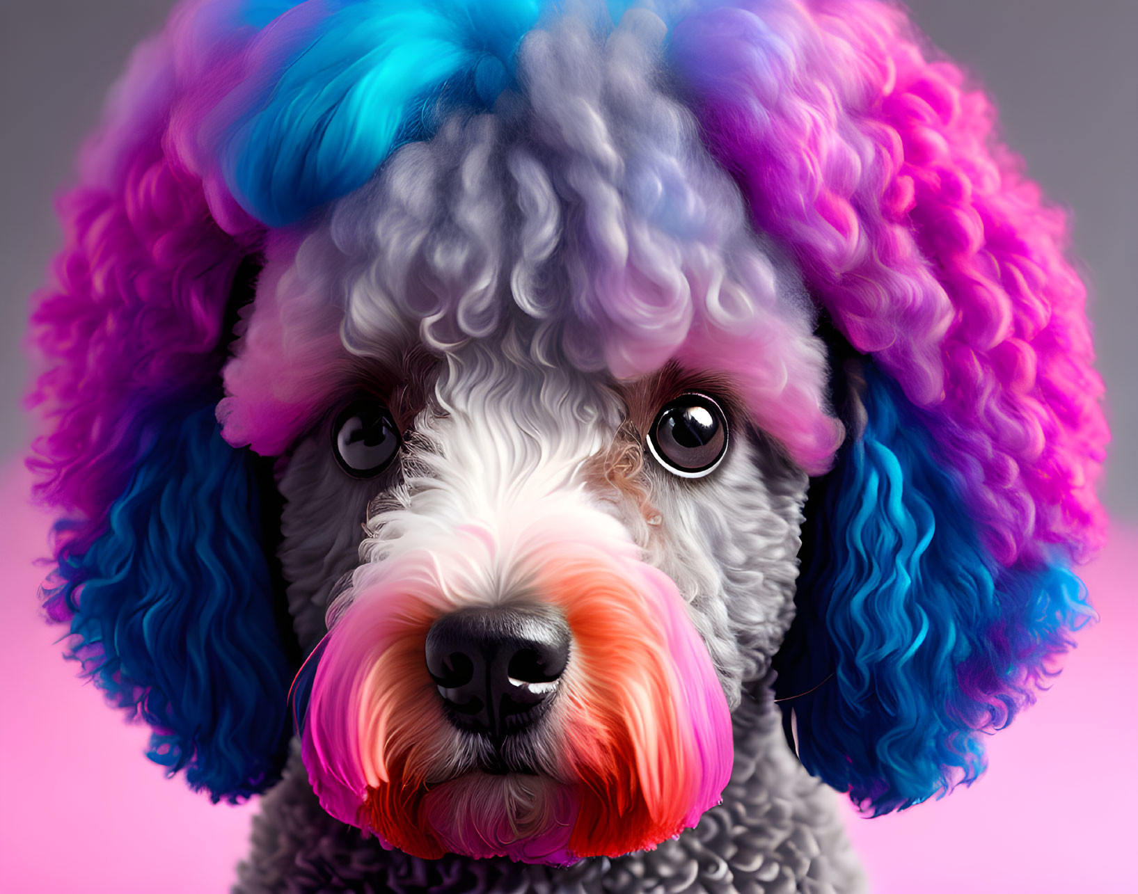 Digitally Altered Poodle with Blue and Purple Fur on Gray Background