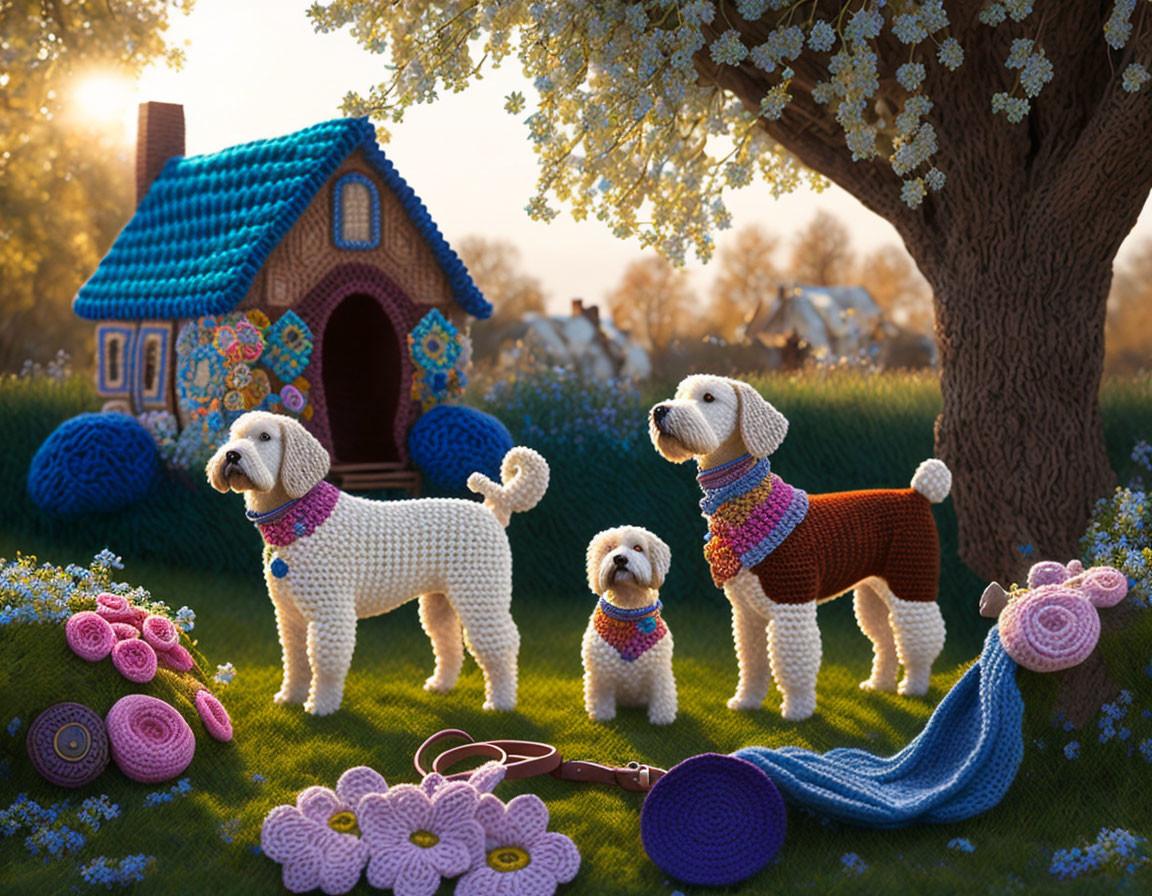 Crocheted dogs in yarn-covered garden with knitted house