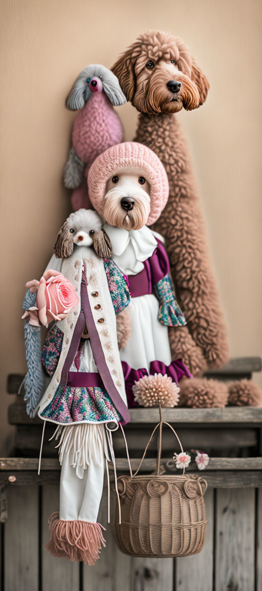 Colorful Plush Toy Dogs in Outfits and Accessories Displayed on Shelf