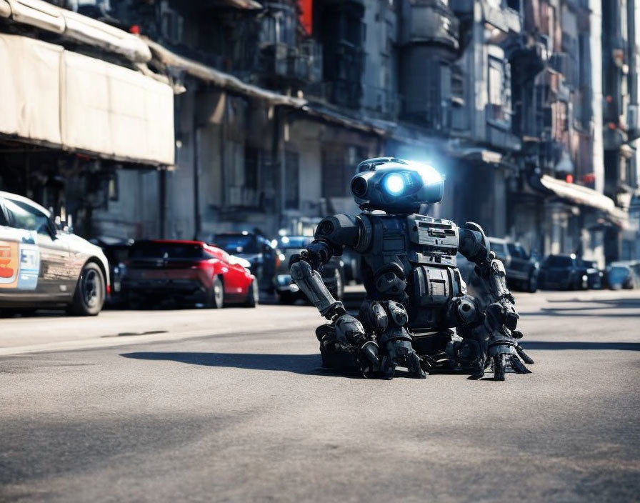 Futuristic robot with glowing blue eye in urban street scene