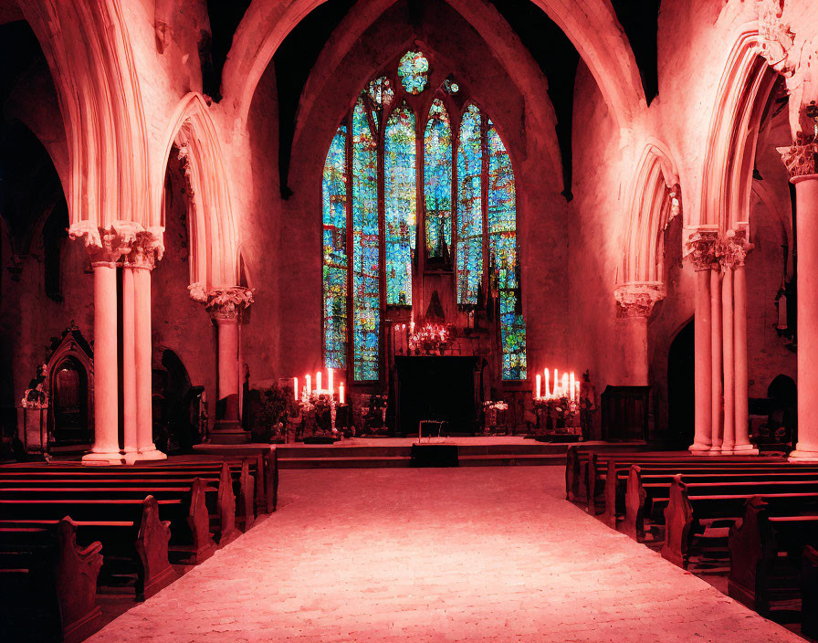 Dimly Lit Church Interior with Stained Glass Window