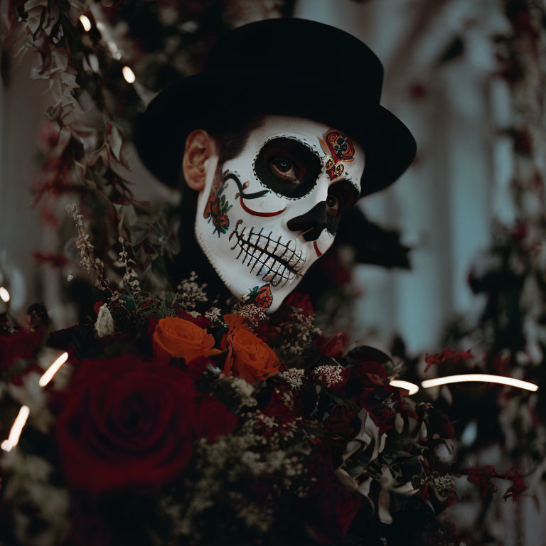 Person with Day of the Dead skull makeup and hat among red roses.