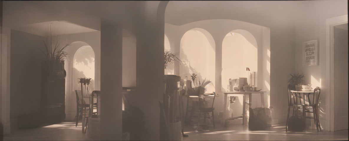 Sepia-toned interior room with archways, plants, chairs, and "GOOD FOOD GOOD MO