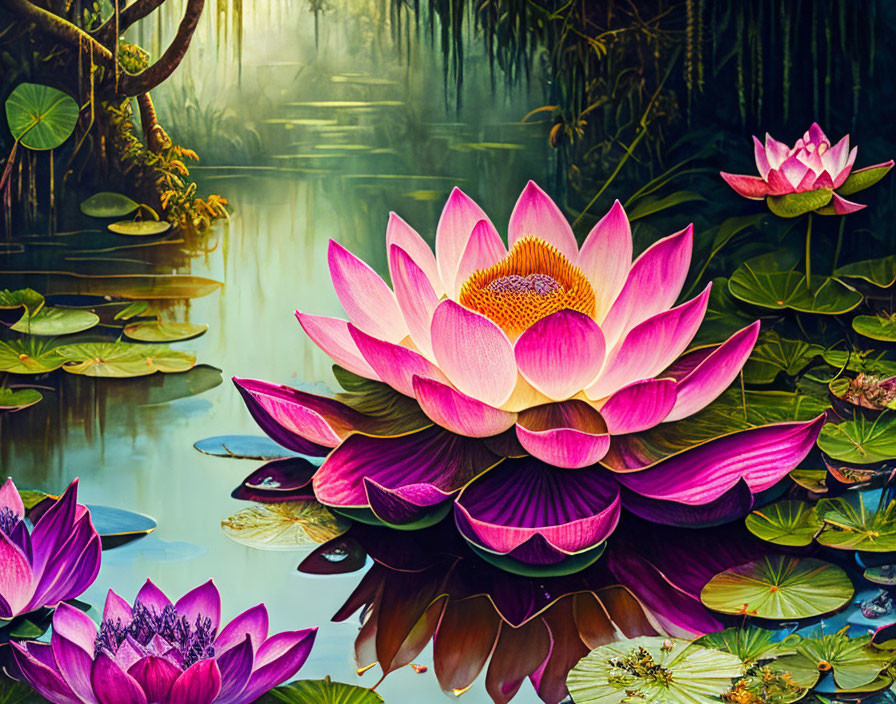 Pink and Purple Lotus Flowers Blooming on Tranquil Water