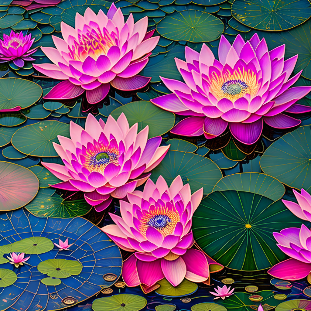 Pink Lotus Flowers with Yellow Centers Among Green Lily Pads on Water